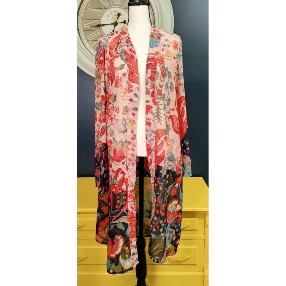 Jorja Sheer Duster Kimono Women's Size Large Floral Long Open Front Boho Artsy